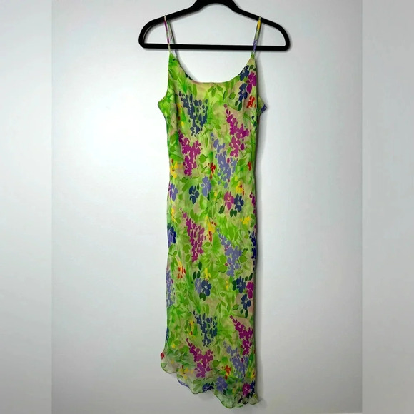 Vintage Dresses & Skirts - Vintage Green Floral Midi Slip Dress with Purple & Blue Accents